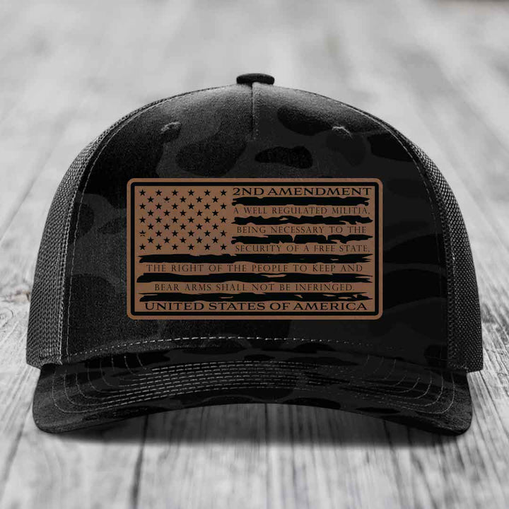 American Flag 2nd Amendment - Leather Patch Hat - Dark Brown to Black Patch - Richardson 112PFP Snapback Trucker Hat
