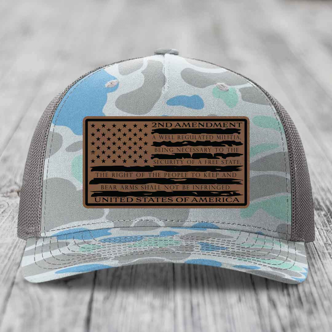 American Flag 2nd Amendment - Leather Patch Hat - Dark Brown to Black Patch - Richardson 112PFP Snapback Trucker Hat