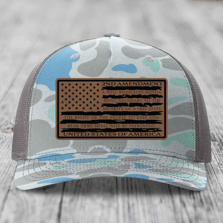 American Flag 2nd Amendment - Leather Patch Hat - Dark Brown to Black Patch - Richardson 112PFP Snapback Trucker Hat