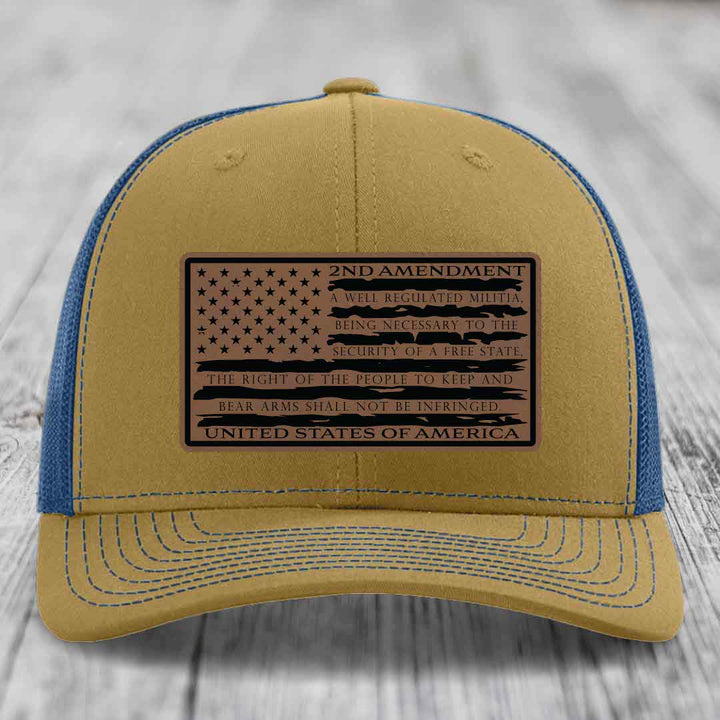 American Flag 2nd Amendment - Leather Patch Hat - Dark Brown to Black Patch - Richardson 112 Snapback Trucker Hat