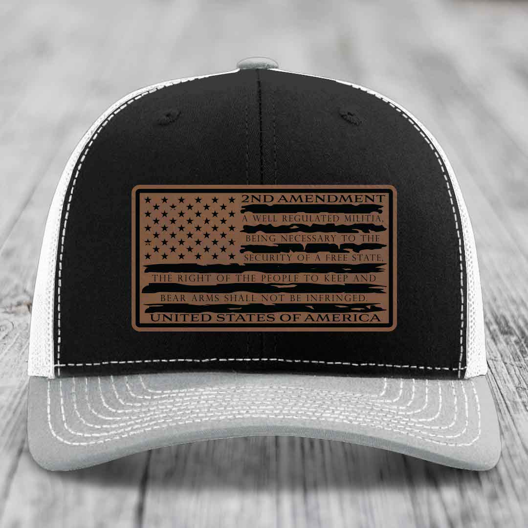 American Flag 2nd Amendment - Leather Patch Hat - Dark Brown to Black Patch - Richardson 112 Snapback Trucker Hat