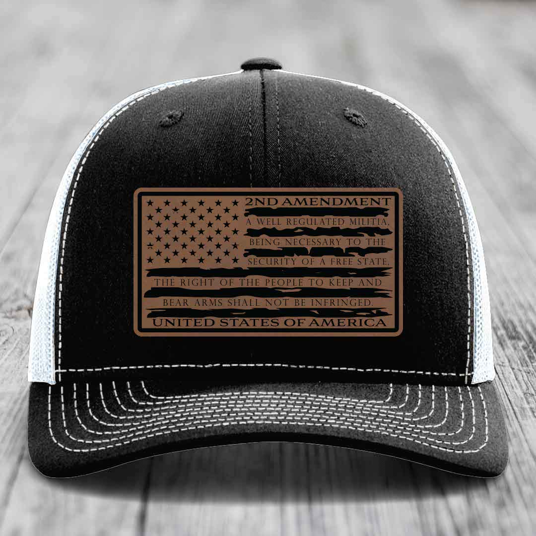 American Flag 2nd Amendment - Leather Patch Hat - Dark Brown to Black Patch - Richardson 112 Snapback Trucker Hat