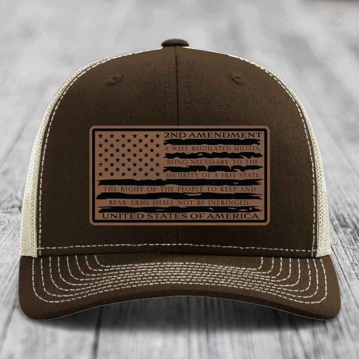 American Flag 2nd Amendment - Leather Patch Hat - Dark Brown to Black Patch - Richardson 112 Snapback Trucker Hat