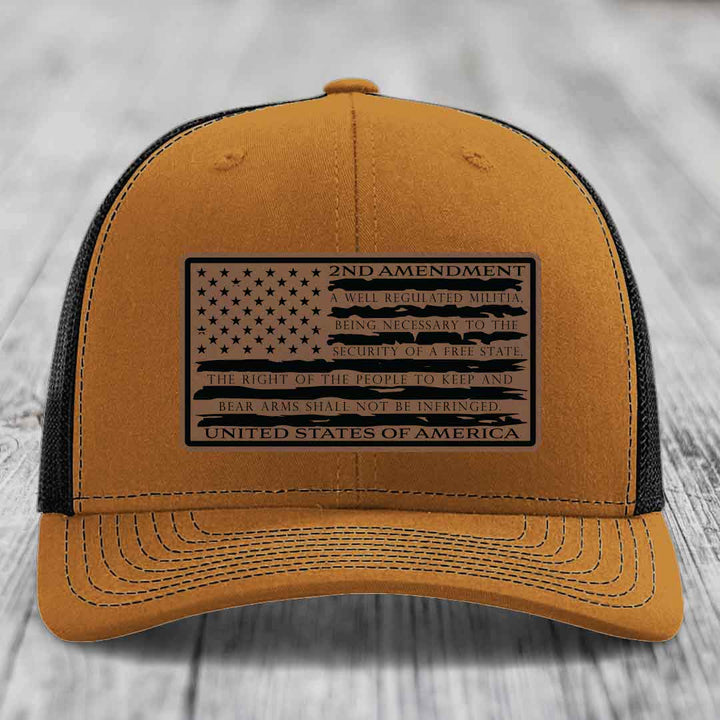 American Flag 2nd Amendment - Leather Patch Hat - Dark Brown to Black Patch - Richardson 112 Snapback Trucker Hat