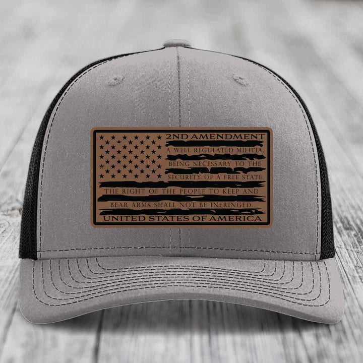 American Flag 2nd Amendment - Leather Patch Hat - Dark Brown to Black Patch - Richardson 112 Snapback Trucker Hat