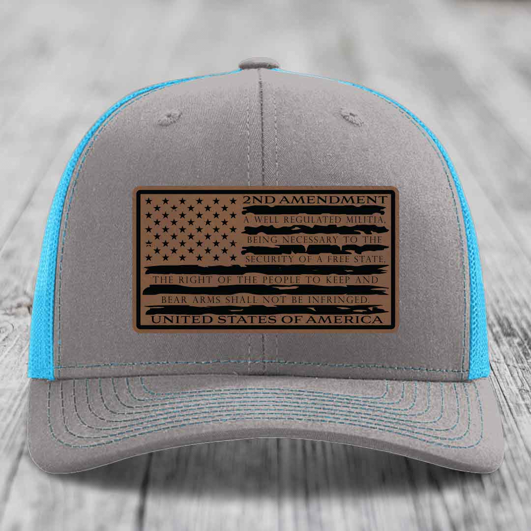American Flag 2nd Amendment - Leather Patch Hat - Dark Brown to Black Patch - Richardson 112 Snapback Trucker Hat