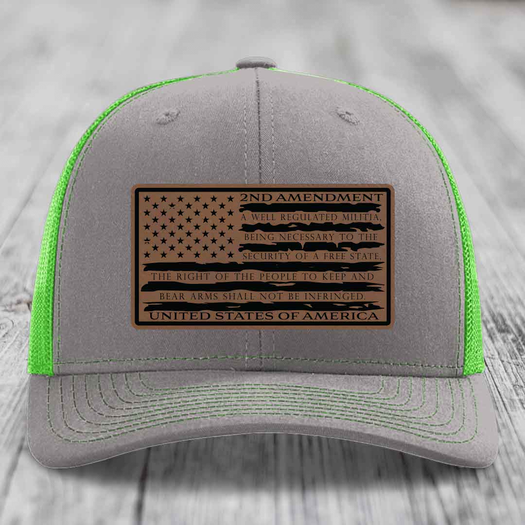 American Flag 2nd Amendment - Leather Patch Hat - Dark Brown to Black Patch - Richardson 112 Snapback Trucker Hat