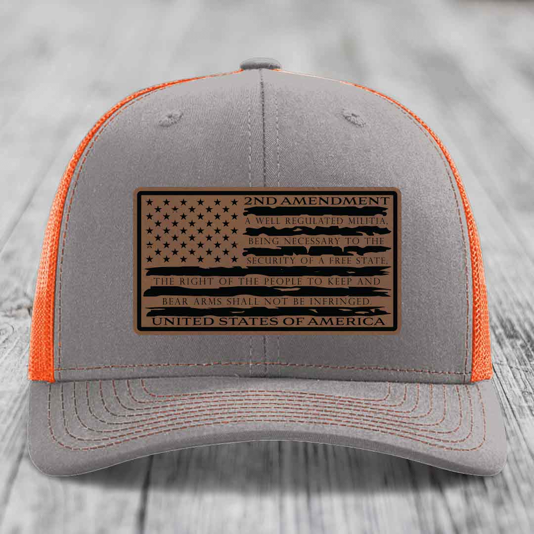 American Flag 2nd Amendment - Leather Patch Hat - Dark Brown to Black Patch - Richardson 112 Snapback Trucker Hat