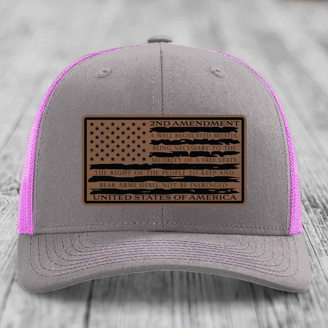 American Flag 2nd Amendment - Leather Patch Hat - Dark Brown to Black Patch - Richardson 112 Snapback Trucker Hat