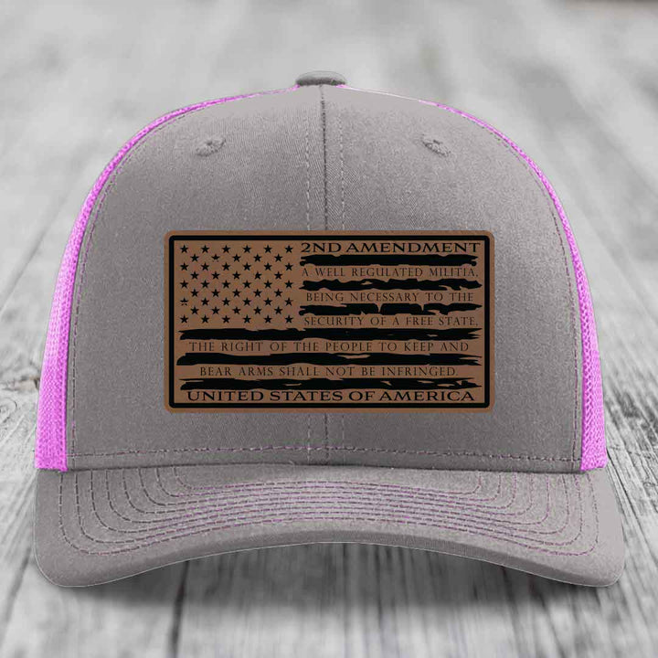 American Flag 2nd Amendment - Leather Patch Hat - Dark Brown to Black Patch - Richardson 112 Snapback Trucker Hat