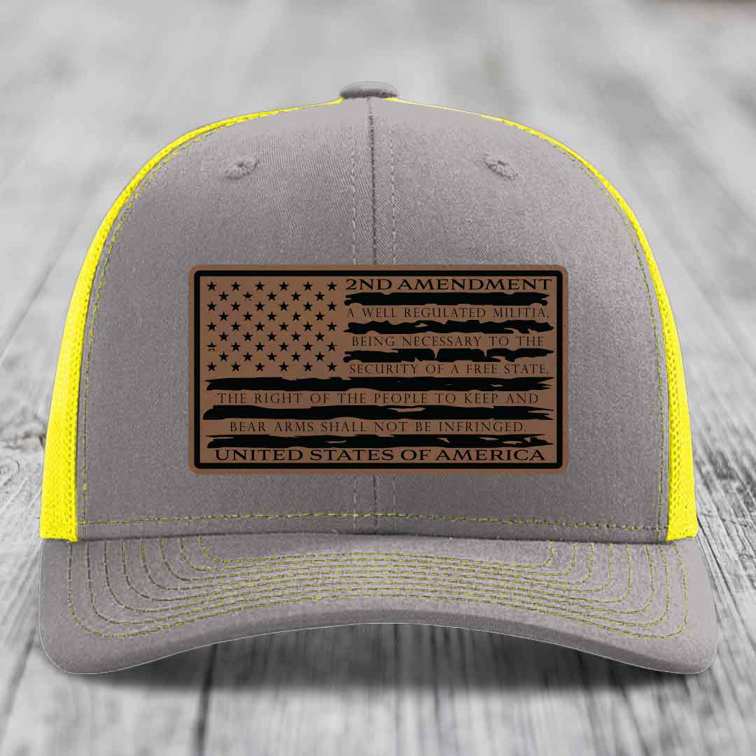 American Flag 2nd Amendment - Leather Patch Hat - Dark Brown to Black Patch - Richardson 112 Snapback Trucker Hat