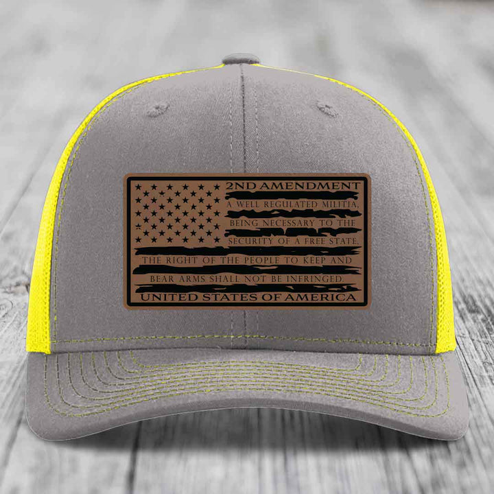 American Flag 2nd Amendment - Leather Patch Hat - Dark Brown to Black Patch - Richardson 112 Snapback Trucker Hat