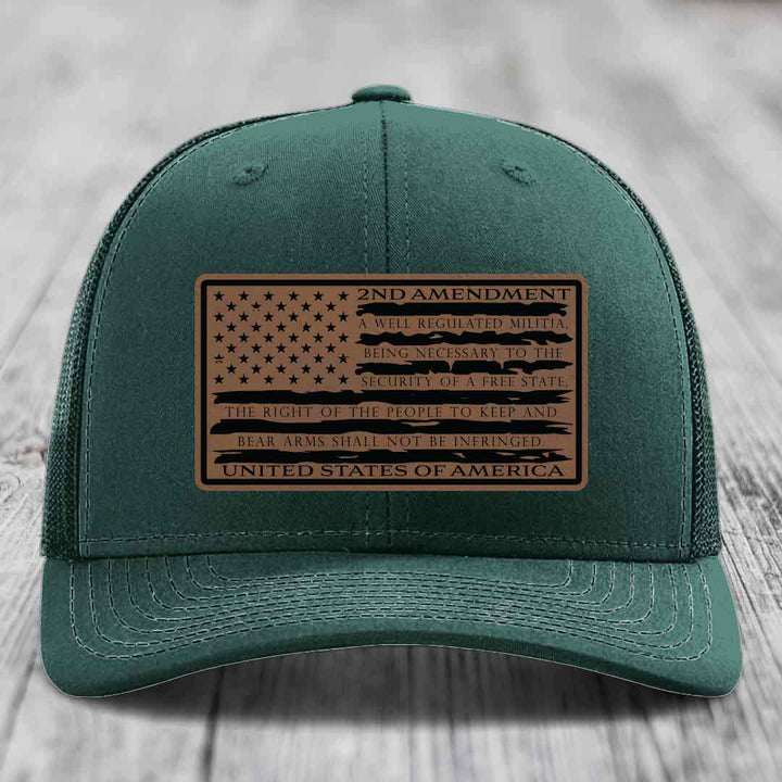 American Flag 2nd Amendment - Leather Patch Hat - Dark Brown to Black Patch - Richardson 112 Snapback Trucker Hat