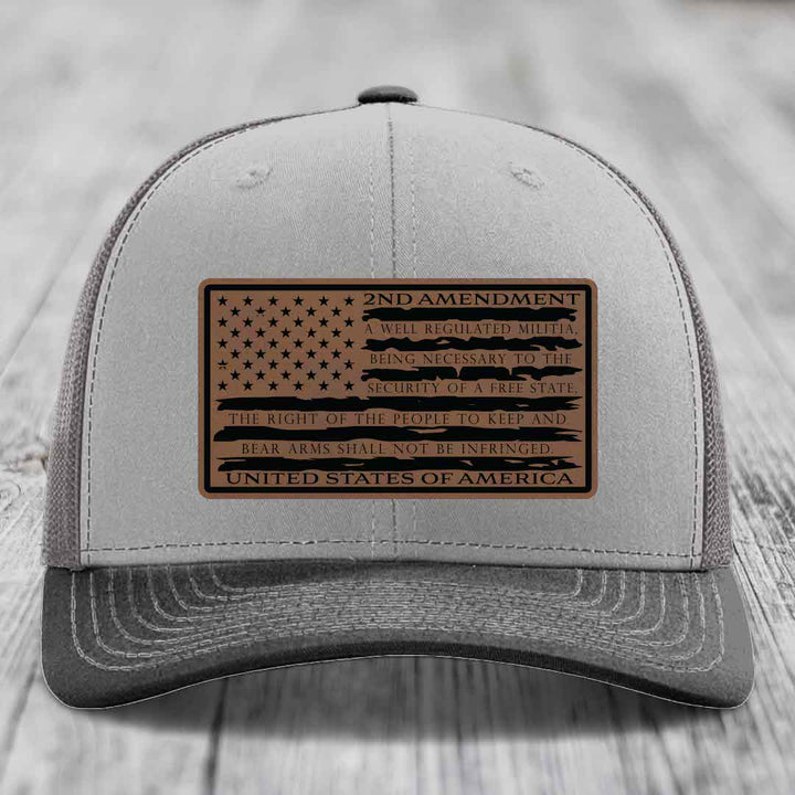 American Flag 2nd Amendment - Leather Patch Hat - Dark Brown to Black Patch - Richardson 112 Snapback Trucker Hat