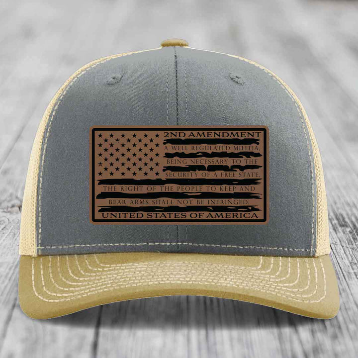 American Flag 2nd Amendment - Leather Patch Hat - Dark Brown to Black Patch - Richardson 112 Snapback Trucker Hat