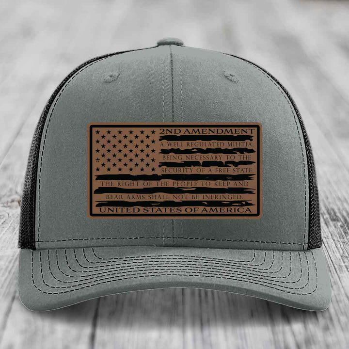 American Flag 2nd Amendment - Leather Patch Hat - Dark Brown to Black Patch - Richardson 112 Snapback Trucker Hat