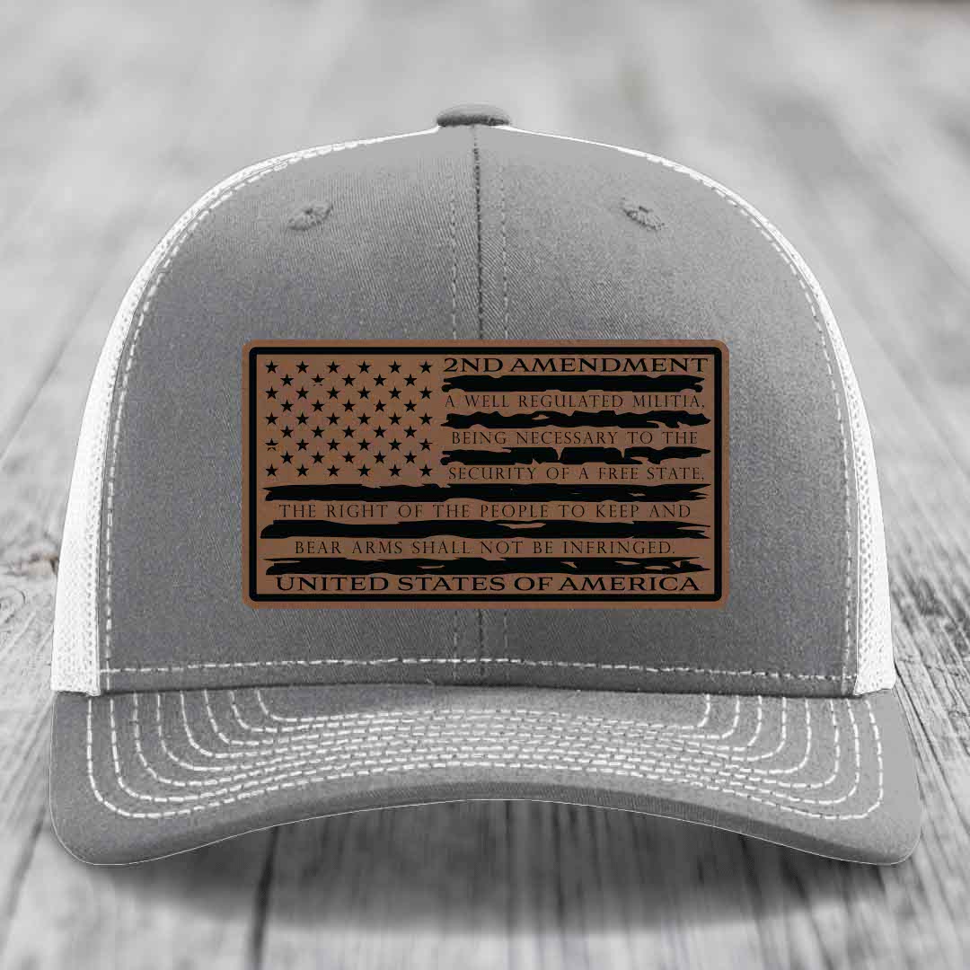 American Flag 2nd Amendment - Leather Patch Hat - Dark Brown to Black Patch - Richardson 112 Snapback Trucker Hat