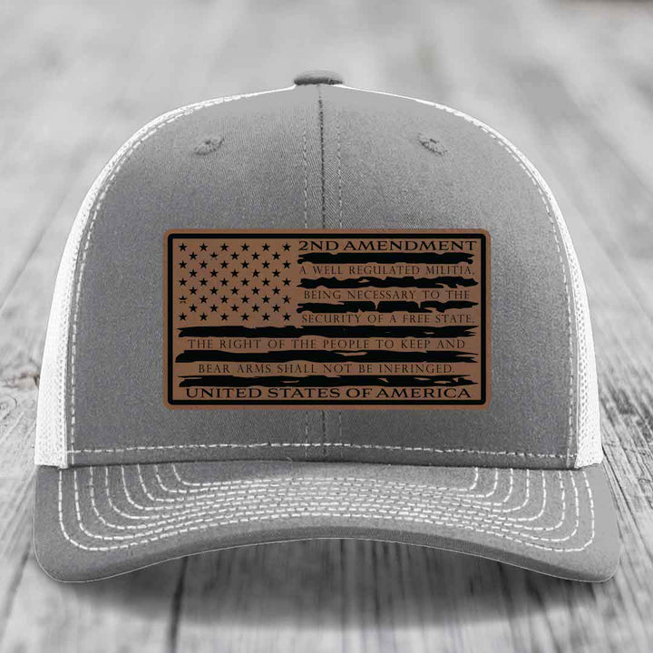 American Flag 2nd Amendment - Leather Patch Hat - Dark Brown to Black Patch - Richardson 112 Snapback Trucker Hat