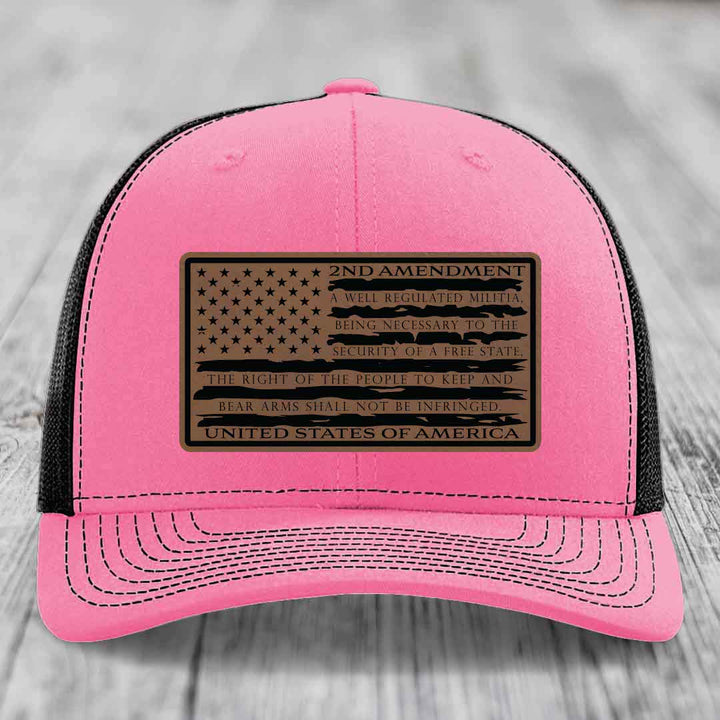 American Flag 2nd Amendment - Leather Patch Hat - Dark Brown to Black Patch - Richardson 112 Snapback Trucker Hat