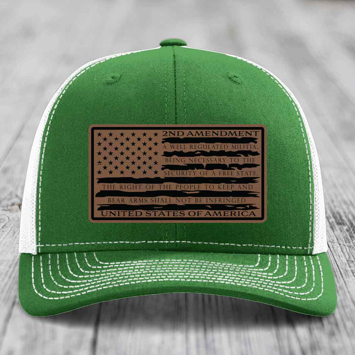 American Flag 2nd Amendment - Leather Patch Hat - Dark Brown to Black Patch - Richardson 112 Snapback Trucker Hat