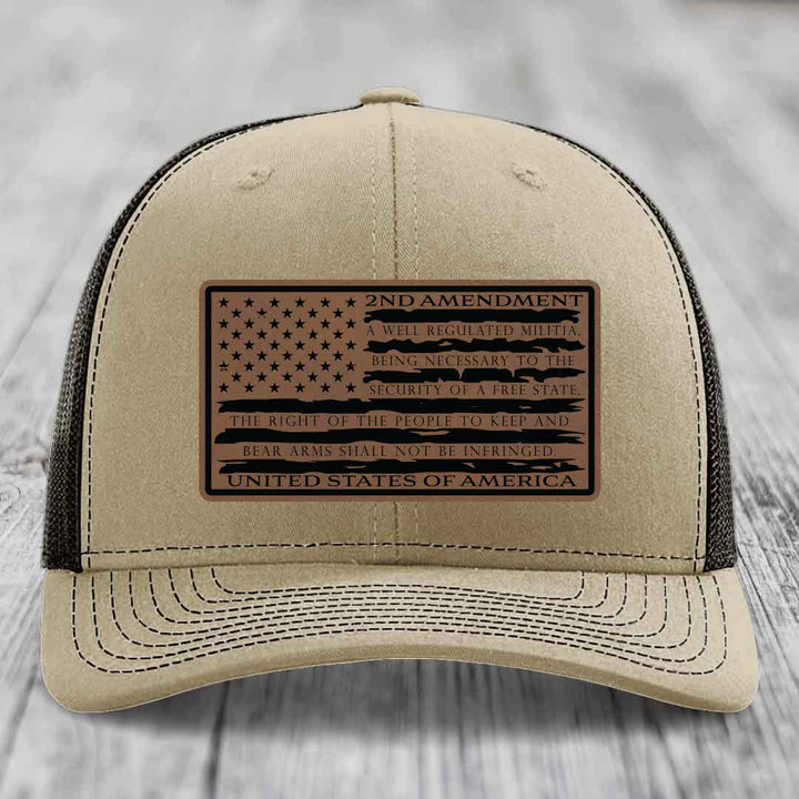 American Flag 2nd Amendment - Leather Patch Hat - Dark Brown to Black Patch - Richardson 112 Snapback Trucker Hat