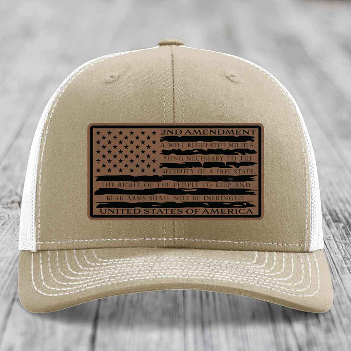 American Flag 2nd Amendment - Leather Patch Hat - Dark Brown to Black Patch - Richardson 112 Snapback Trucker Hat