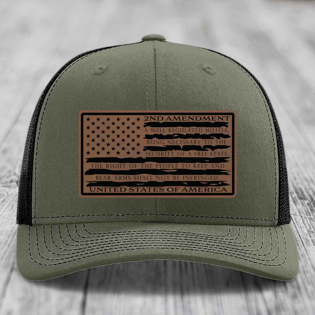 American Flag 2nd Amendment - Leather Patch Hat - Dark Brown to Black Patch - Richardson 112 Snapback Trucker Hat