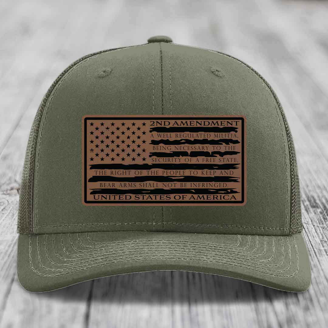 American Flag 2nd Amendment - Leather Patch Hat - Dark Brown to Black Patch - Richardson 112 Snapback Trucker Hat