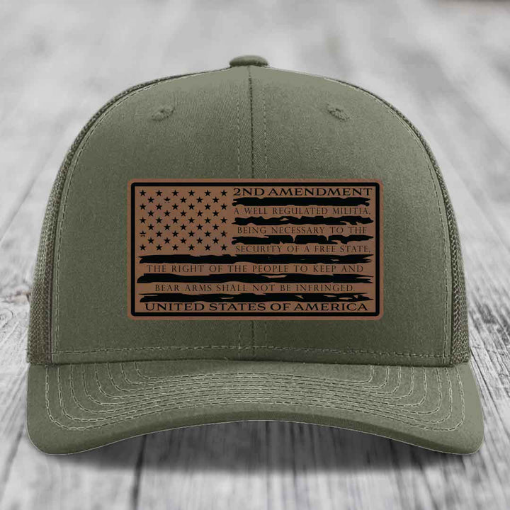 American Flag 2nd Amendment - Leather Patch Hat - Dark Brown to Black Patch - Richardson 112 Snapback Trucker Hat