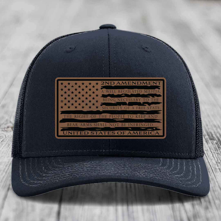 American Flag 2nd Amendment - Leather Patch Hat - Dark Brown to Black Patch - Richardson 112 Snapback Trucker Hat