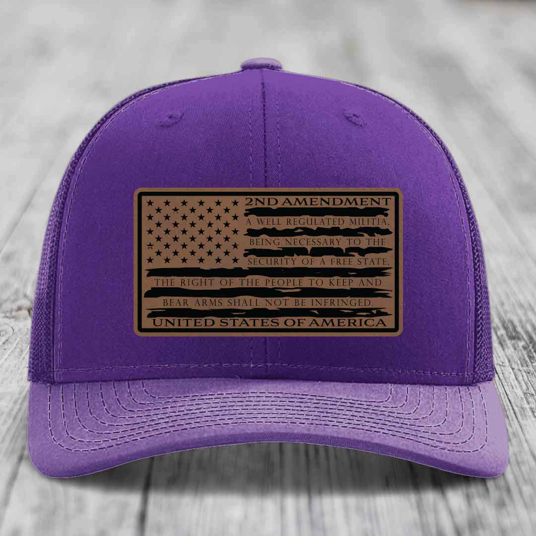 American Flag 2nd Amendment - Leather Patch Hat - Dark Brown to Black Patch - Richardson 112 Snapback Trucker Hat