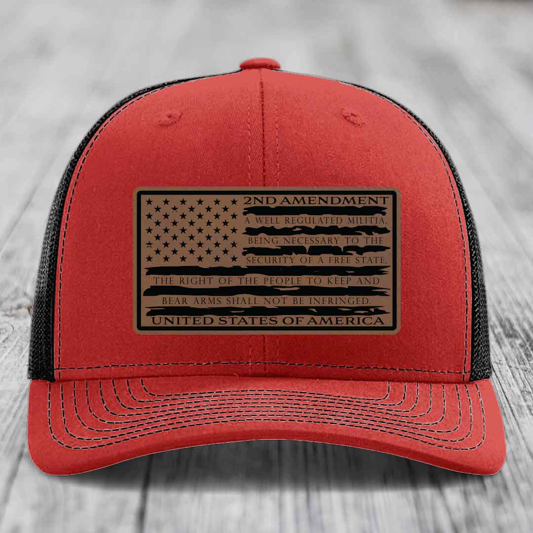 American Flag 2nd Amendment - Leather Patch Hat - Dark Brown to Black Patch - Richardson 112 Snapback Trucker Hat