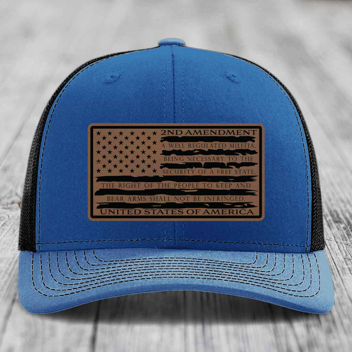 American Flag 2nd Amendment - Leather Patch Hat - Dark Brown to Black Patch - Richardson 112 Snapback Trucker Hat