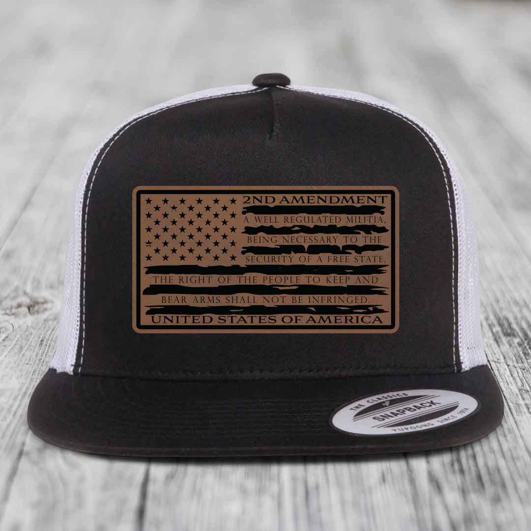 American Flag 2nd Amendment - Leather Patch Hat - Dark Brown to Black Patch - Yupoong 6006 Snapback Flatbill Hat