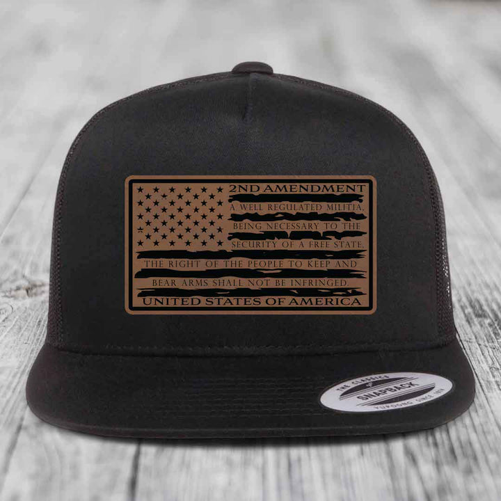 American Flag 2nd Amendment - Leather Patch Hat - Dark Brown to Black Patch - Yupoong 6006 Snapback Flatbill Hat