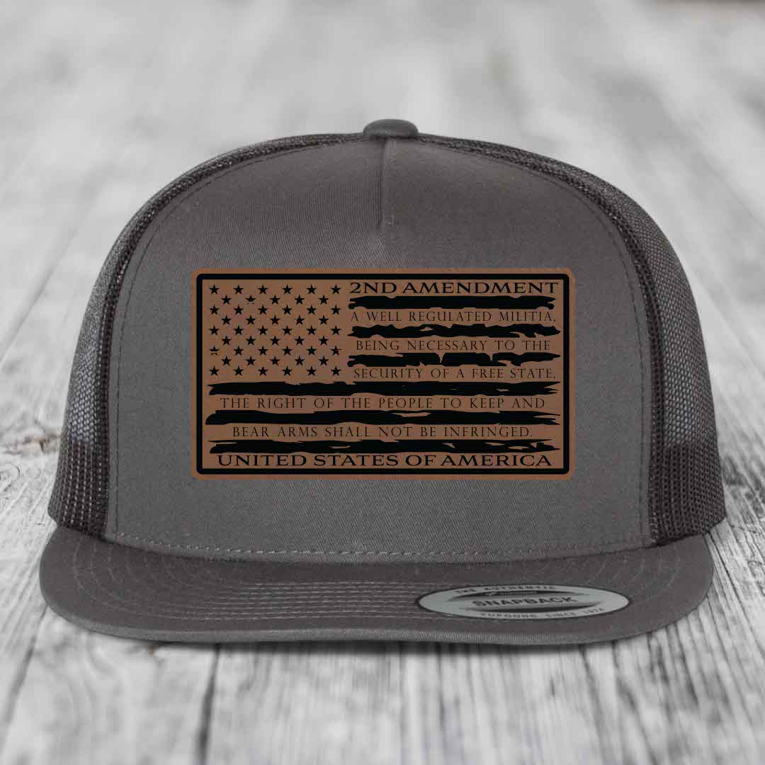 American Flag 2nd Amendment - Leather Patch Hat - Dark Brown to Black Patch - Yupoong 6006 Snapback Flatbill Hat