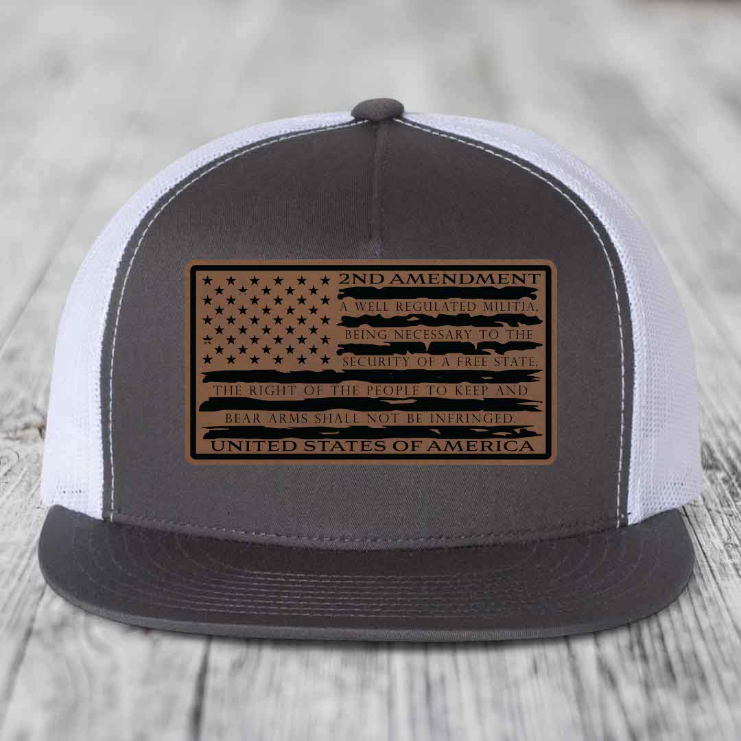 American Flag 2nd Amendment - Leather Patch Hat - Dark Brown to Black Patch - Yupoong 6006 Snapback Flatbill Hat