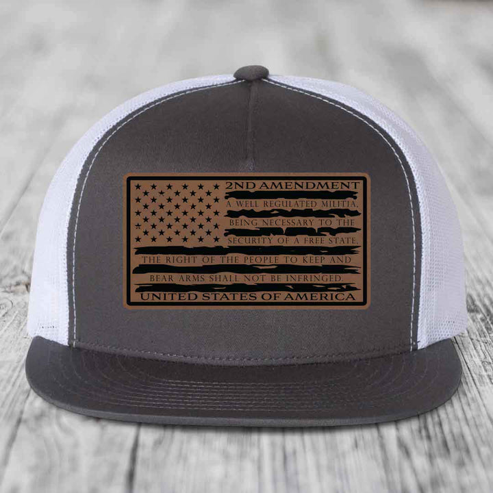 American Flag 2nd Amendment - Leather Patch Hat - Dark Brown to Black Patch - Yupoong 6006 Snapback Flatbill Hat