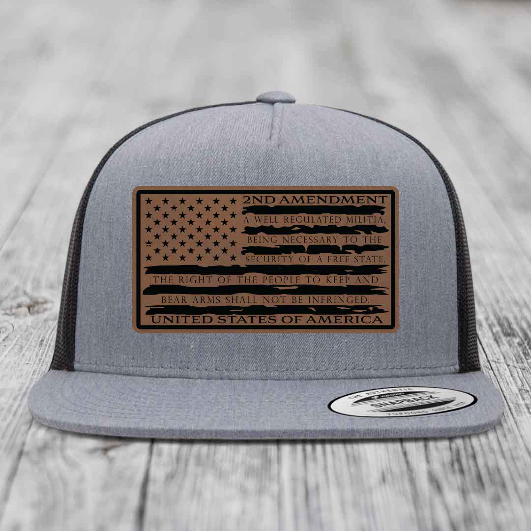 American Flag 2nd Amendment - Leather Patch Hat - Dark Brown to Black Patch - Yupoong 6006 Snapback Flatbill Hat