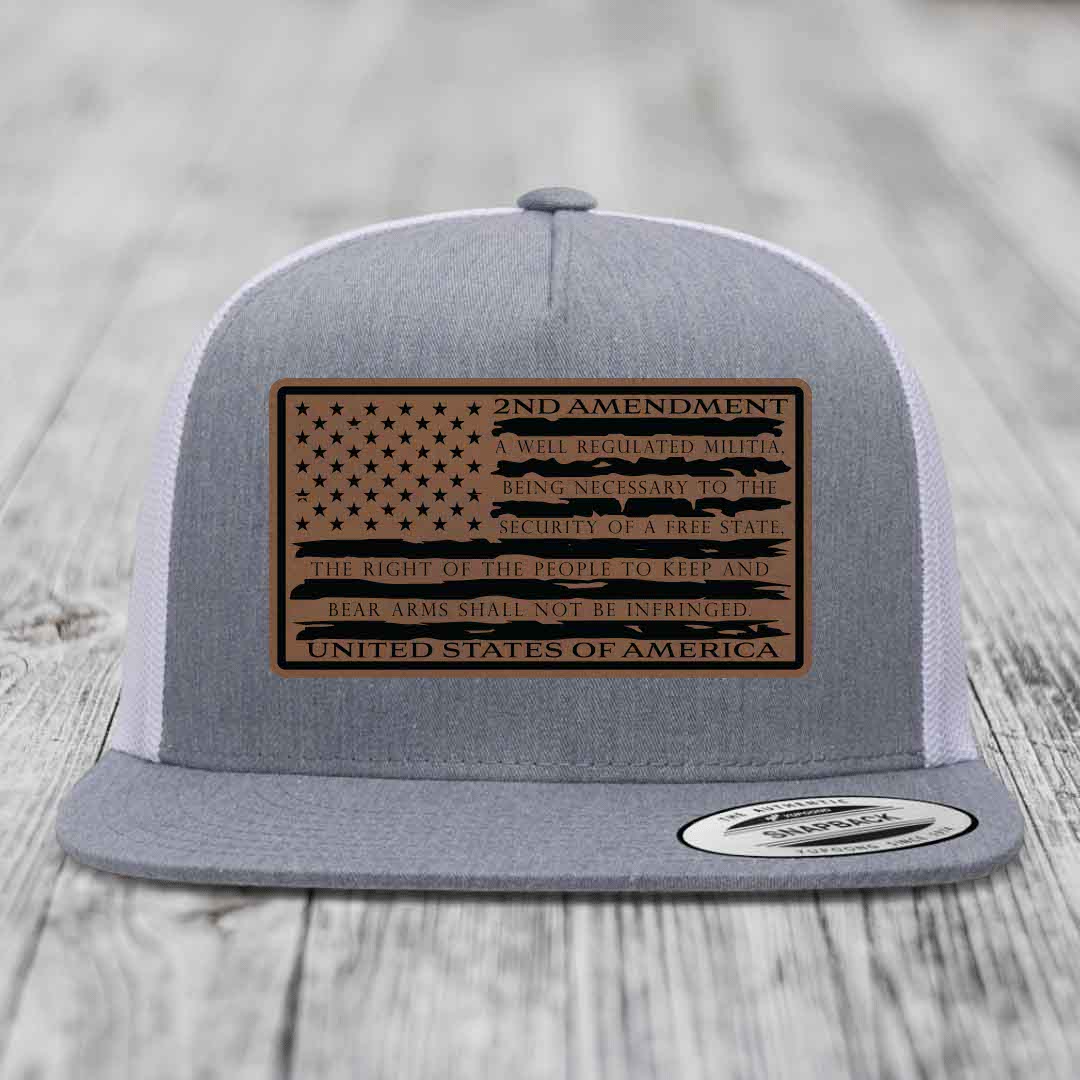 American Flag 2nd Amendment - Leather Patch Hat - Dark Brown to Black Patch - Yupoong 6006 Snapback Flatbill Hat