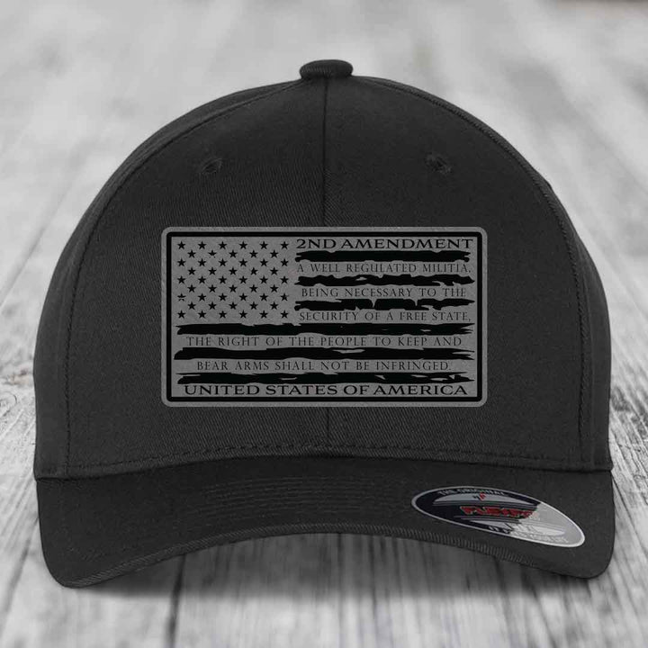 American Flag 2nd Amendment - Leather Patch Hat - Grey to Black Patch - Flexfit 6277 Fitted Hat