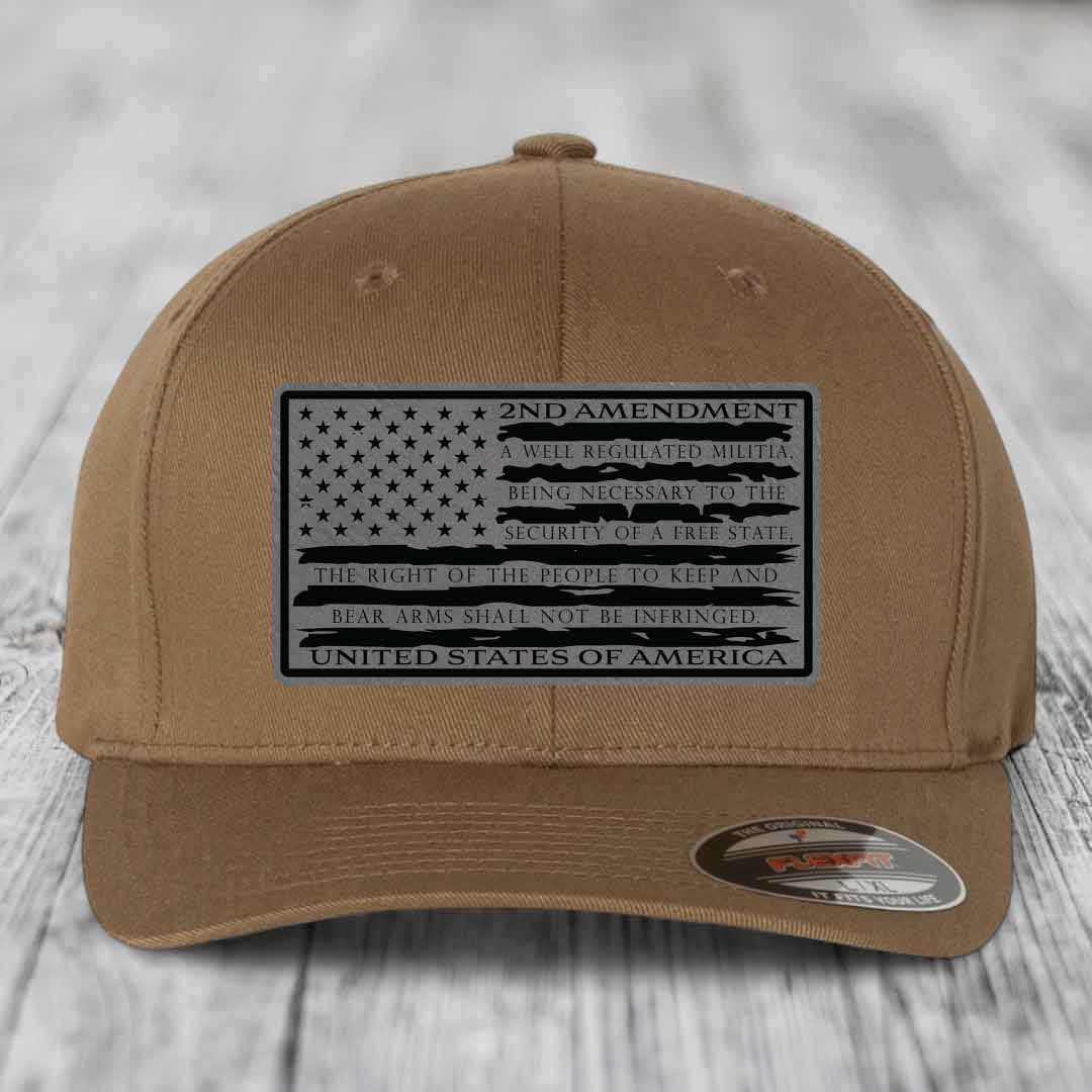 American Flag 2nd Amendment - Leather Patch Hat - Grey to Black Patch - Flexfit 6277 Fitted Hat