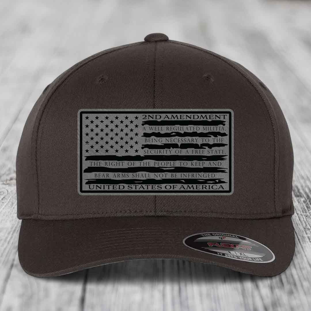 American Flag 2nd Amendment - Leather Patch Hat - Grey to Black Patch - Flexfit 6277 Fitted Hat