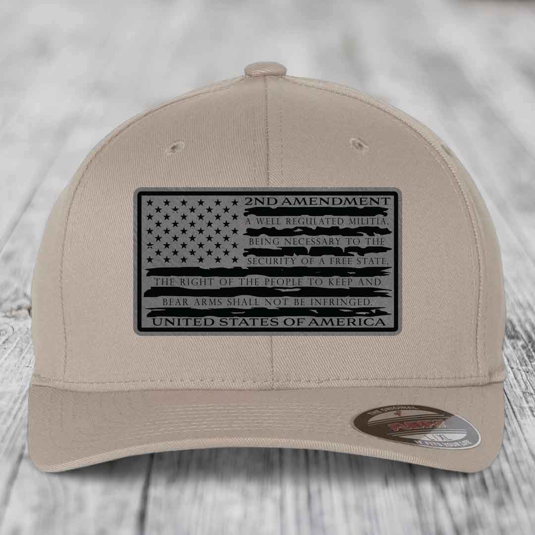 American Flag 2nd Amendment - Leather Patch Hat - Grey to Black Patch - Flexfit 6277 Fitted Hat