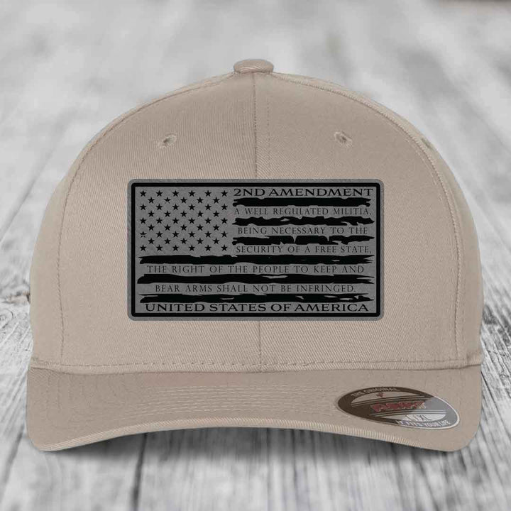 American Flag 2nd Amendment - Leather Patch Hat - Grey to Black Patch - Flexfit 6277 Fitted Hat