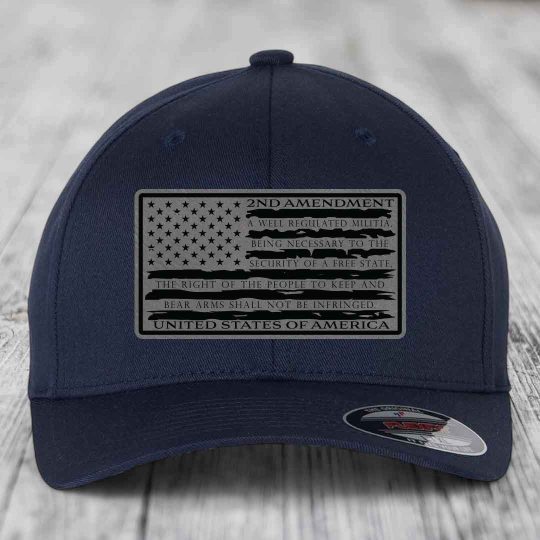 American Flag 2nd Amendment - Leather Patch Hat - Grey to Black Patch - Flexfit 6277 Fitted Hat