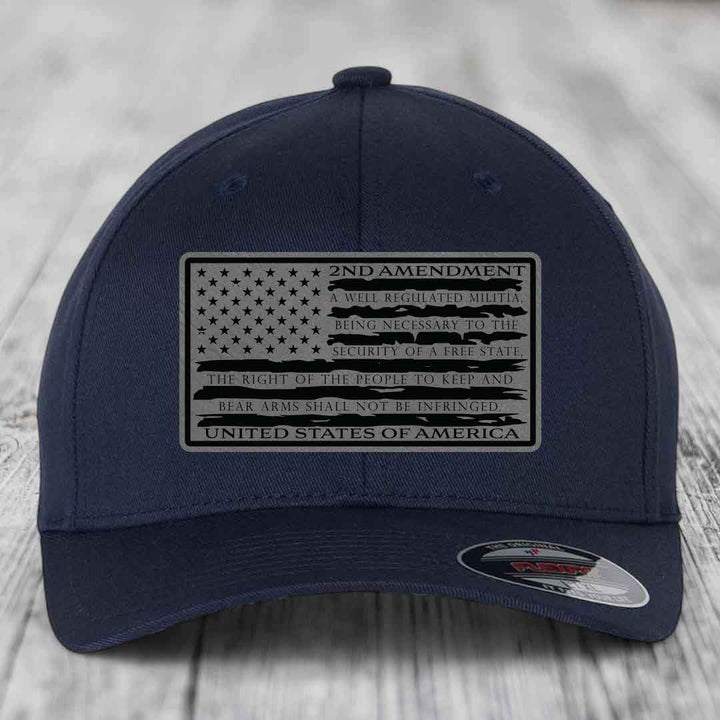 American Flag 2nd Amendment - Leather Patch Hat - Grey to Black Patch - Flexfit 6277 Fitted Hat