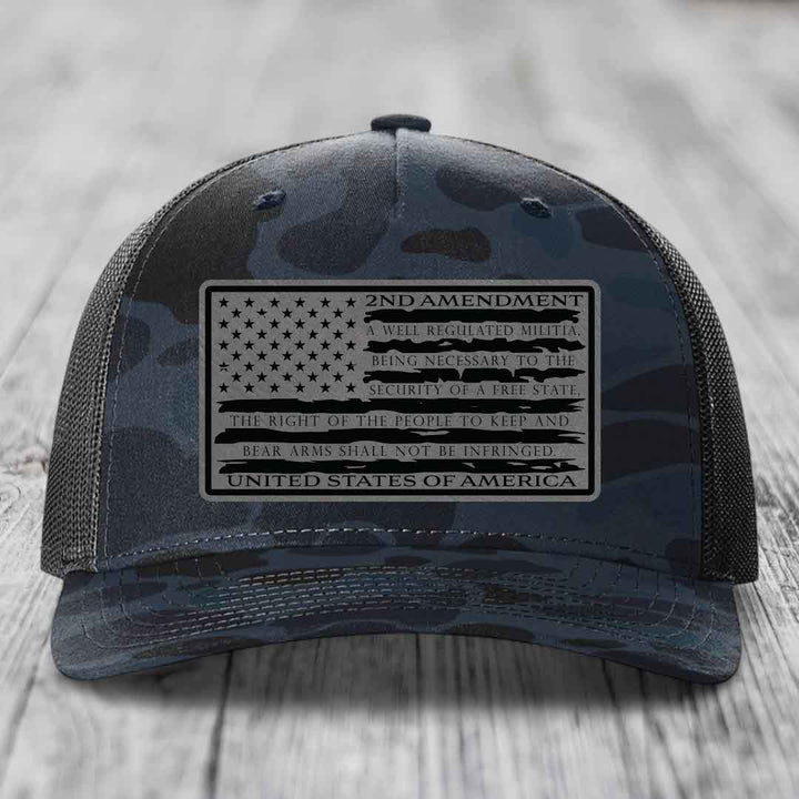 American Flag 2nd Amendment - Leather Patch Hat - Grey to Black Patch - Richardson 112PFP Snapback Trucker Hat