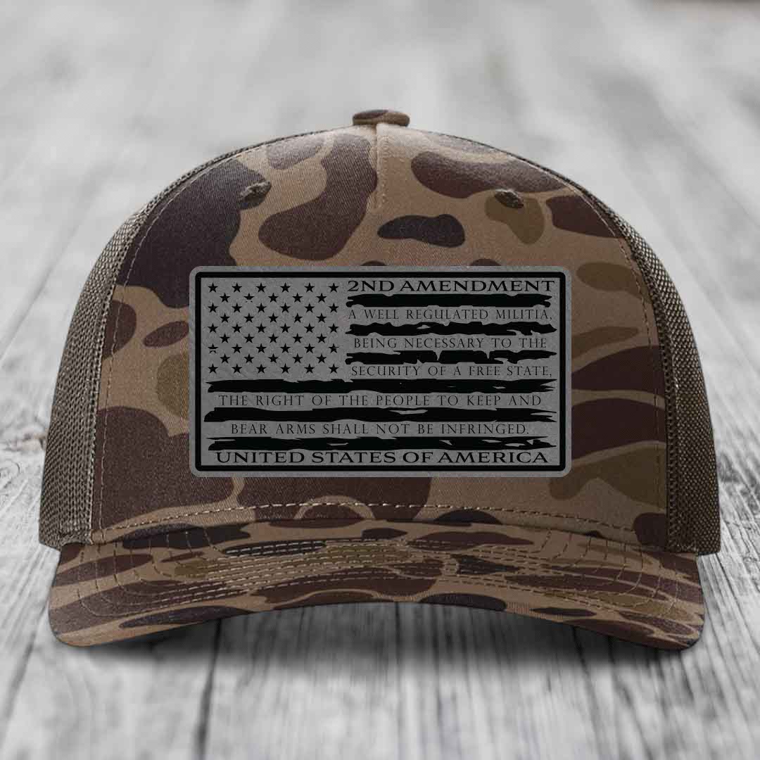 American Flag 2nd Amendment - Leather Patch Hat - Grey to Black Patch - Richardson 112PFP Snapback Trucker Hat