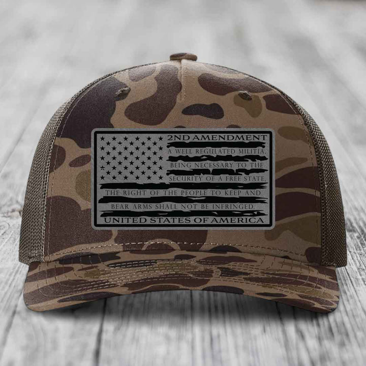 American Flag 2nd Amendment - Leather Patch Hat - Grey to Black Patch - Richardson 112PFP Snapback Trucker Hat